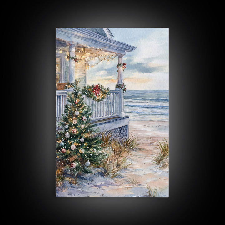 Coastal Christmas Tree Framed Canvas Print, Festive Holiday Decor Tree Beach and Ocean View, Nautical Wall Art Tropical Christmas Decor