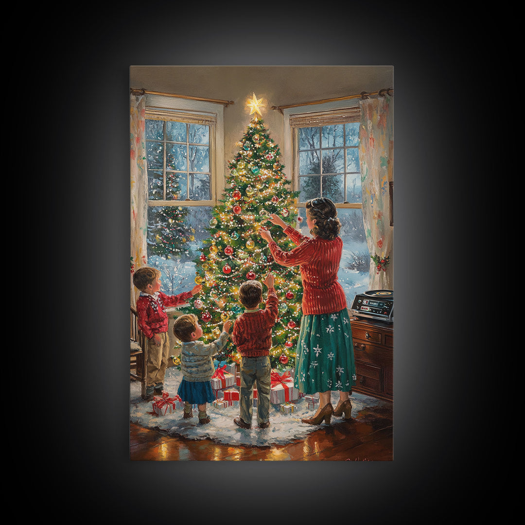 Retro Family Decorating Christmas Tree in Living Room, Classic Christmas Decor Scene, Perfect for Holiday Home, Framed Canvas Print