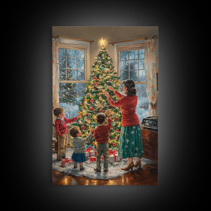 Retro Family Decorating Christmas Tree in Living Room, Classic Christmas Decor Scene, Perfect for Holiday Home, Framed Canvas Print