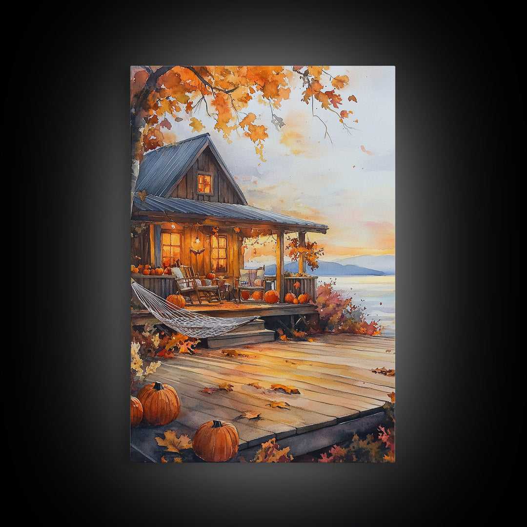 Cozy autumn cabin porch with pumpkins and scenic view, Framed Canvas Print, perfect above sofa art, fall seasonal decor, gallery wall