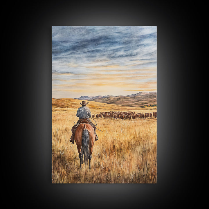Cowboy leading cattle across golden prairie, Framed Canvas Print, western landscape wall art for rustic farmhouse decor, gift idea holiday