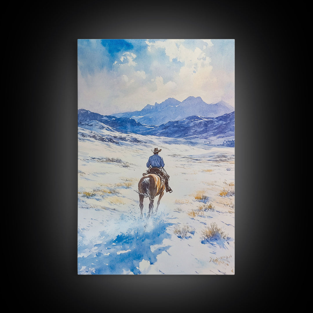 Cowboy riding through snowy mountain pass, Framed Canvas Print, western winter landscape wall art, farmhouse holiday decor Christmas gift