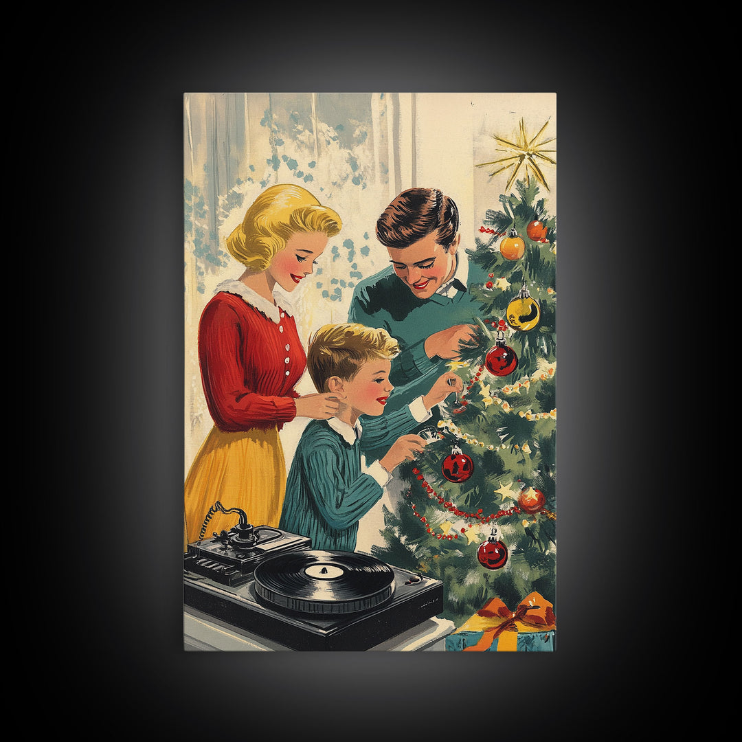 Mid-Century Family Christmas Celebration with Turntable and Christmas Tree, Retro Holiday Wall Art, Framed Canvas Print