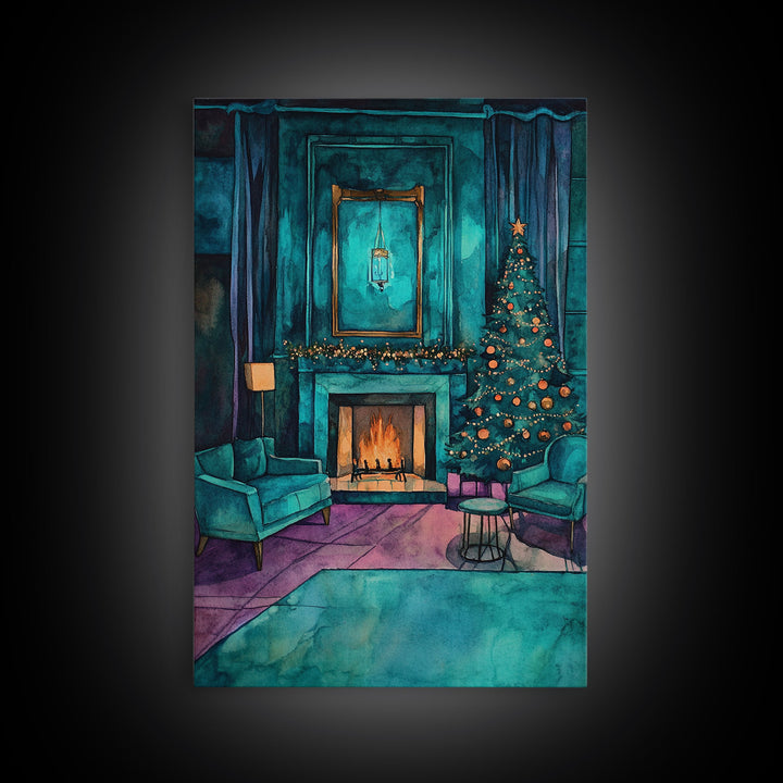 Cozy living room with Christmas tree and fireplace, Framed Canvas Print, Christmas wall art, perfect modern farmhouse holiday decor