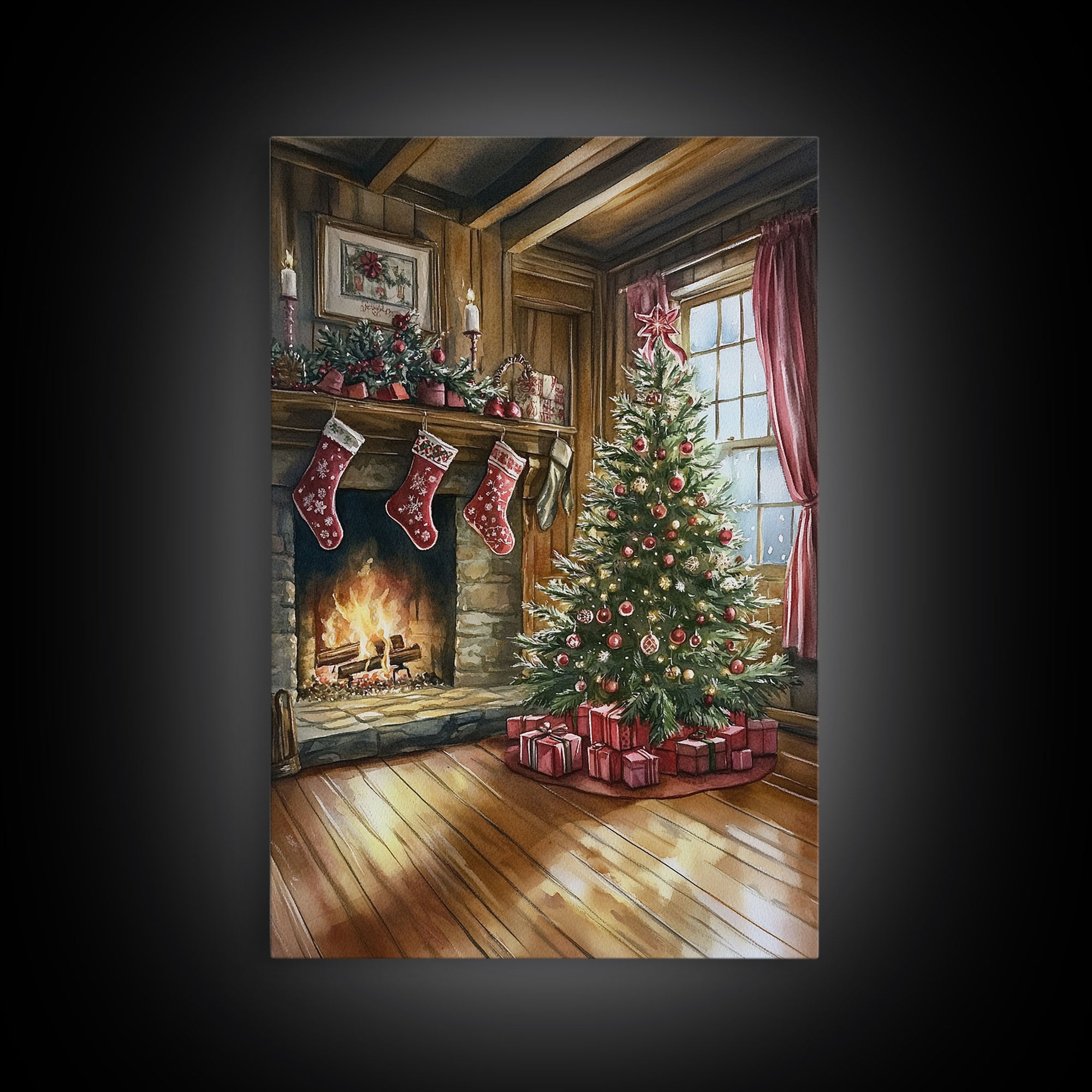 Cozy farmhouse Christmas interior Framed Canvas Print with tree stockings and fireplace, warm holiday art rustic Christmas decor mantle