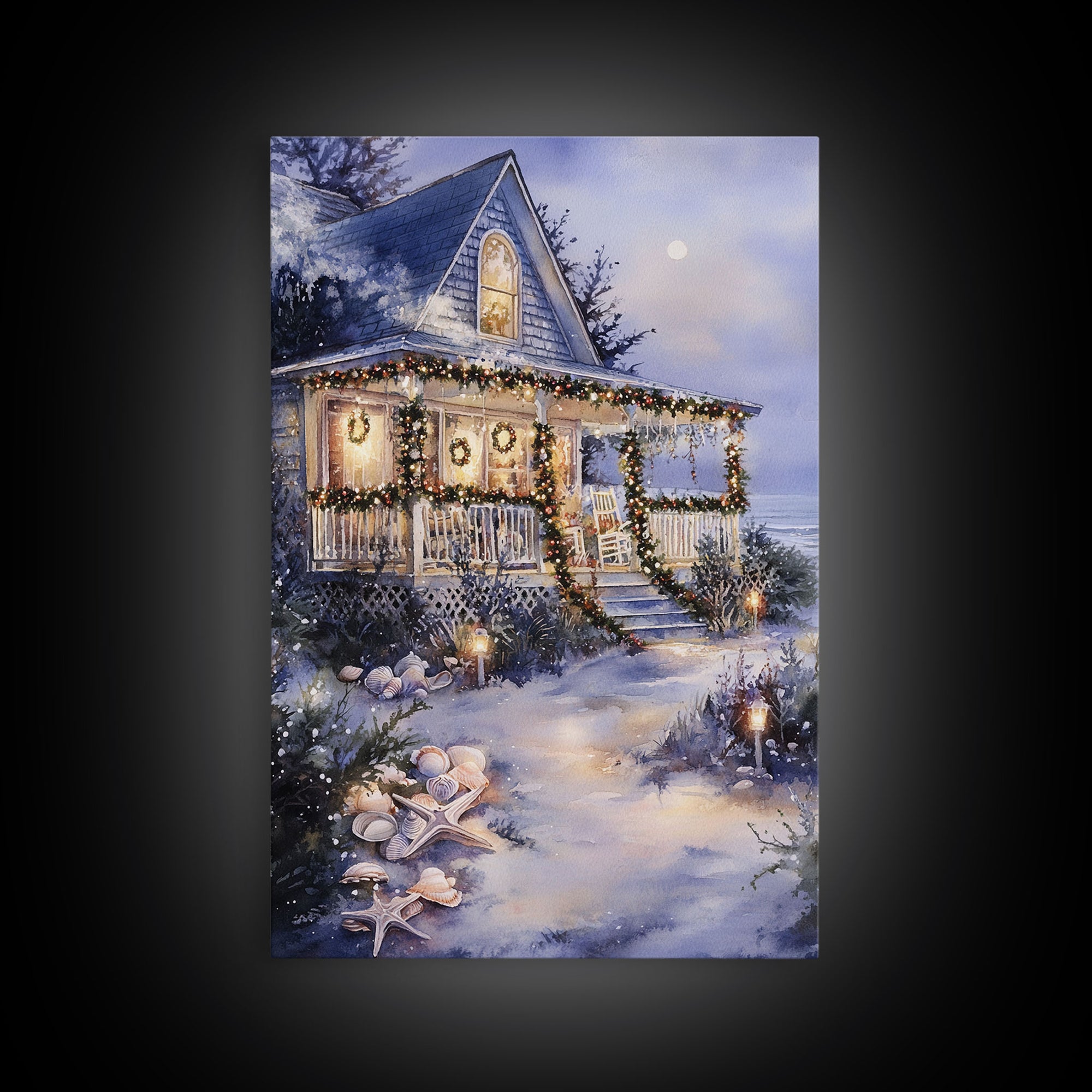 Charming beachfront cottage Christmas lights with wreaths Framed Canvas Print, beach house holiday wall art coastal Christmas decor