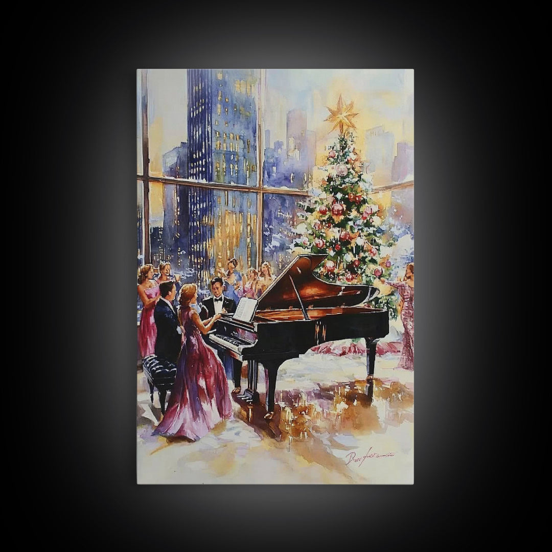 Elegant Christmas party with grand piano and city skyline view Framed Canvas Print, classy holiday wall art perfect seasonal decor idea