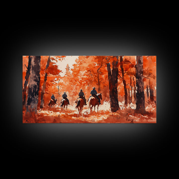 Framed Canvas Print Fall Forest Riders in Autumn Colors, Rustic Cowboy Wall Art, Perfect Fall Decor and Seasonal Home Art