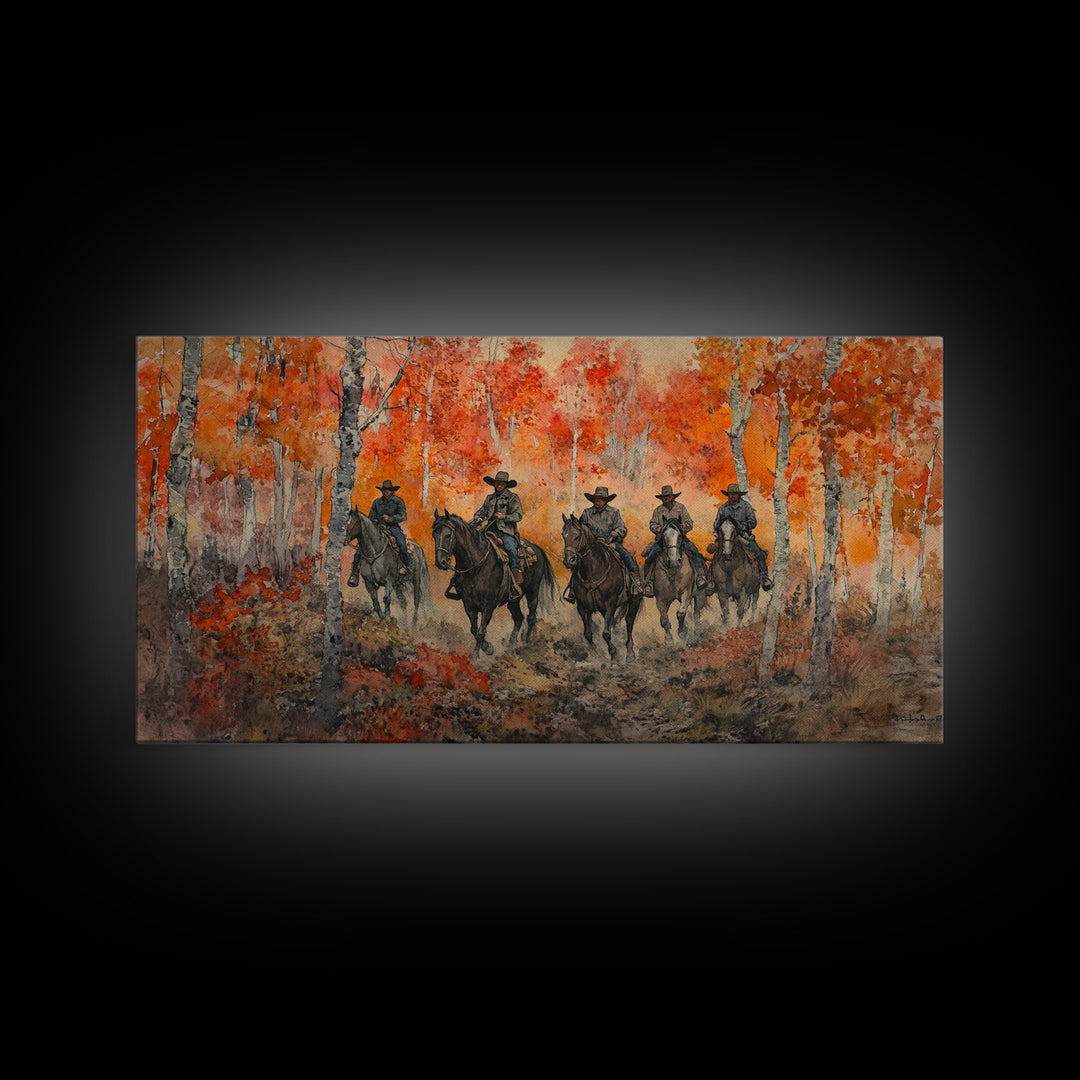 Framed Canvas Print Horseback Riders in Rustic Fall Forest, Cowboy Theme Wall Art, Autumn Home Decor, and Seasonal Canvas Wall Print