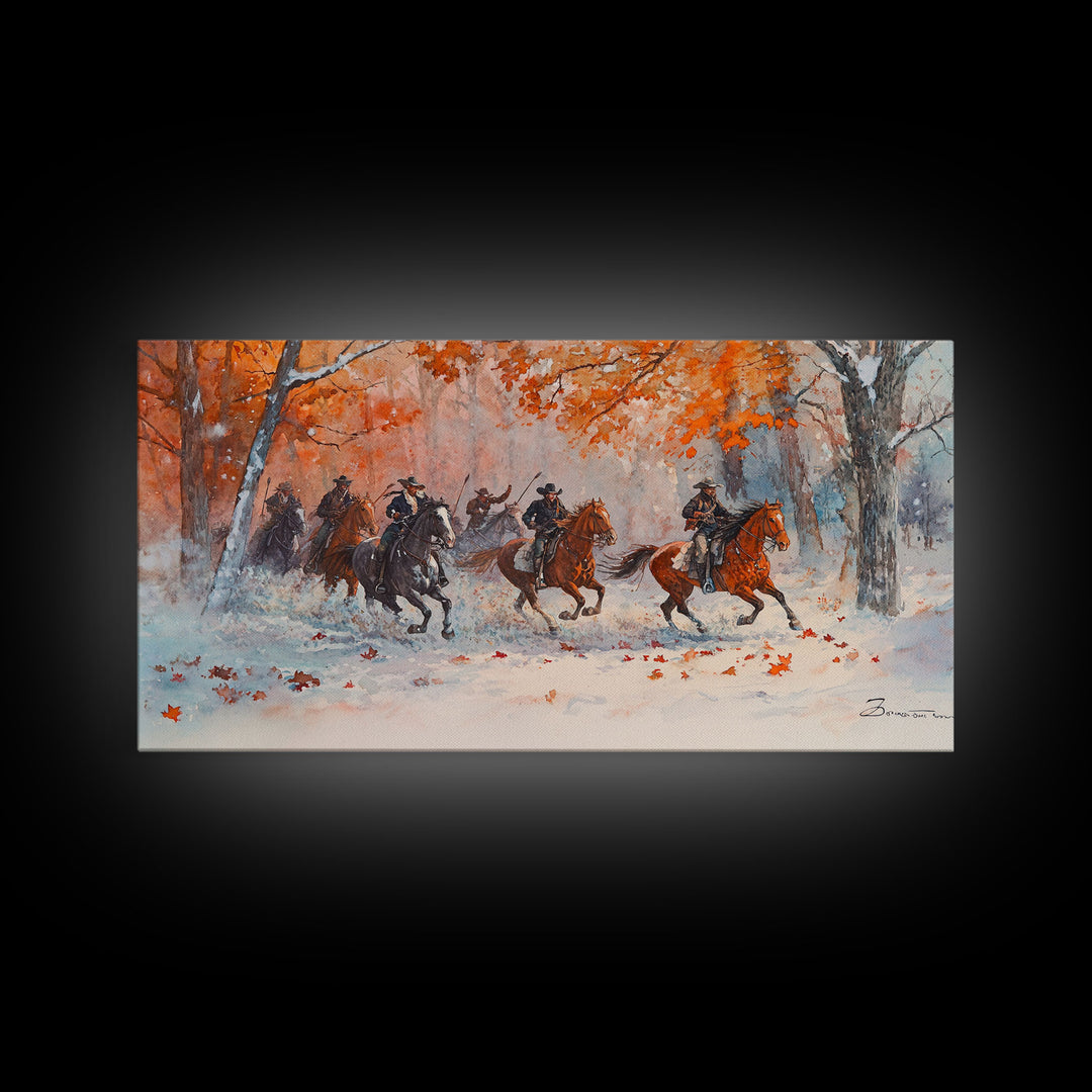 Framed Canvas Print Fall Forest Cowboys in Vibrant Autumn Colors, Perfect Autumn Wall Art, Rustic Home Decor, and Seasonal Cowboy Art