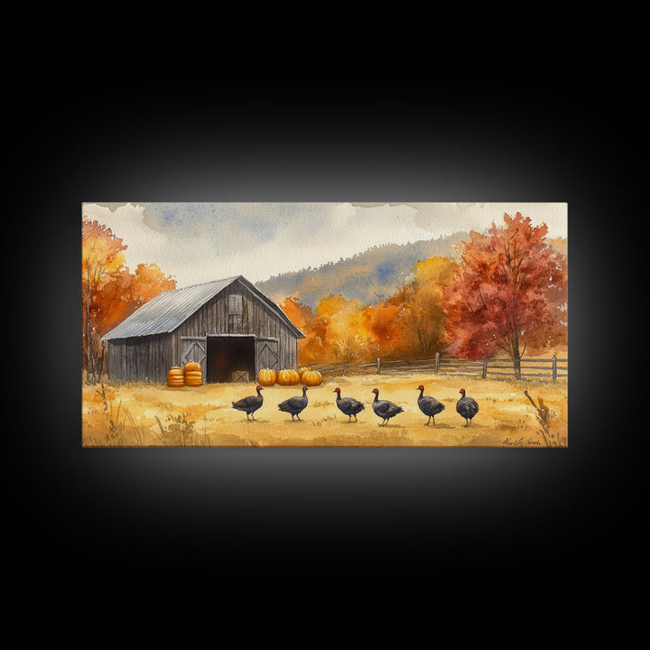 Framed Canvas Print Rustic Barn with Pumpkins and Turkeys, Perfect Autumn Farmhouse Decor, Fall Wall Art, Country Autumn Scene