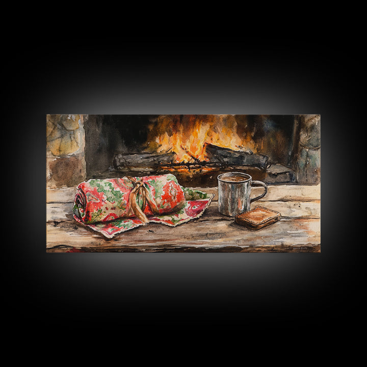 Canvas Print Cozy Fireplace with Christmas Blanket and Mug, Rustic Christmas Decor, Holiday Home Art, Warm Christmas Wall Art
