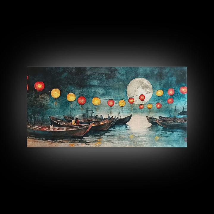 Framed Canvas Print Full Moon Lanterns on Boats, Dreamy Night Scene, Watercolor Christmas Art, Unique Holiday Decor, Coastal Christmas