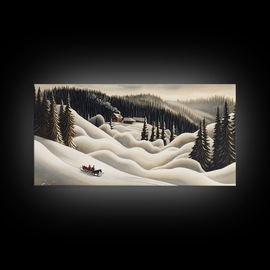 Framed Canvas Print Snowy Mountain Sleigh Ride, Winter Wonderland Wall Art, Christmas Home Decor, Vintage Holiday Scene