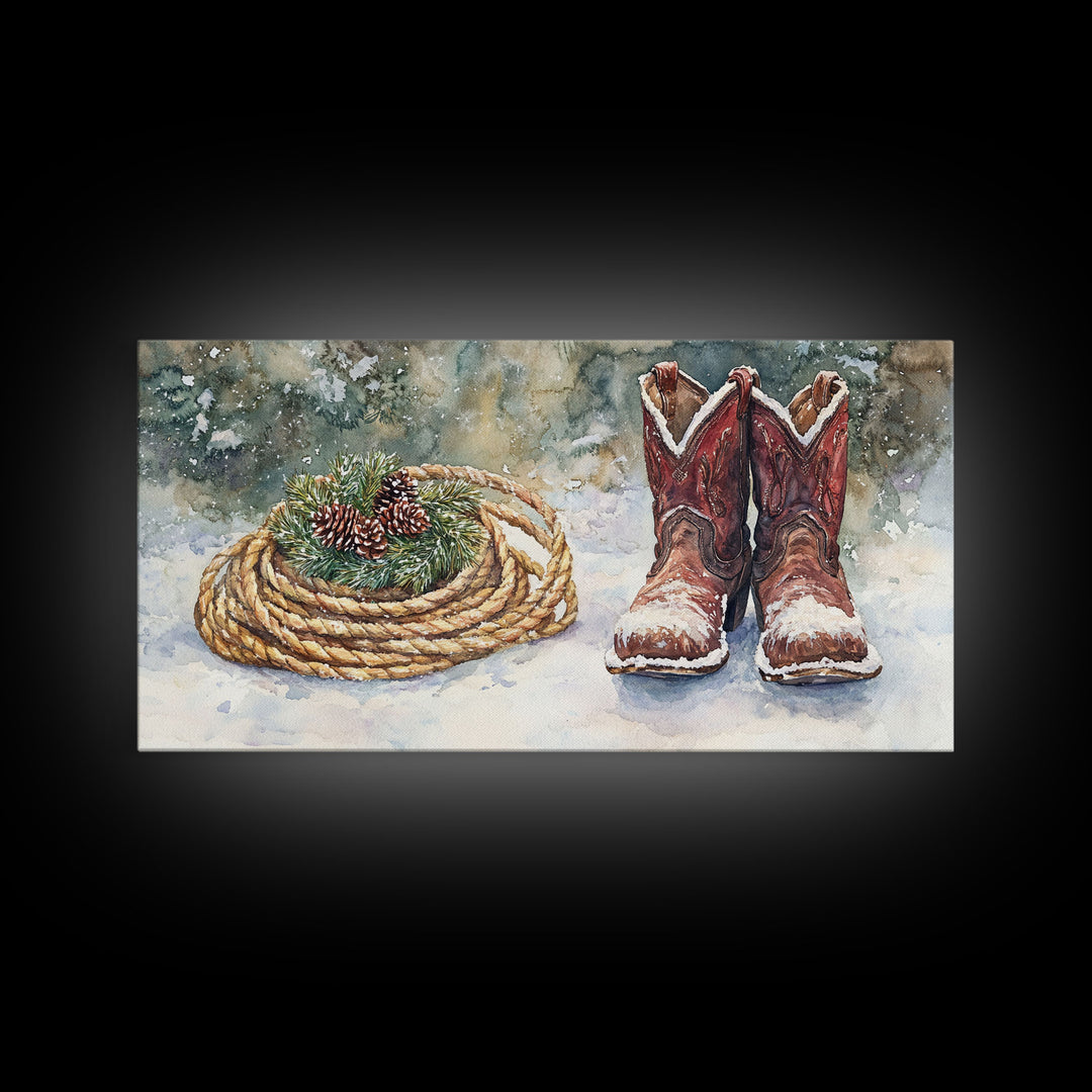 Canvas Print Cowboy Boots with Christmas Wreath and Rope, Rustic Christmas Decor, Winter Western Holiday Art, Farmhouse Wall Print