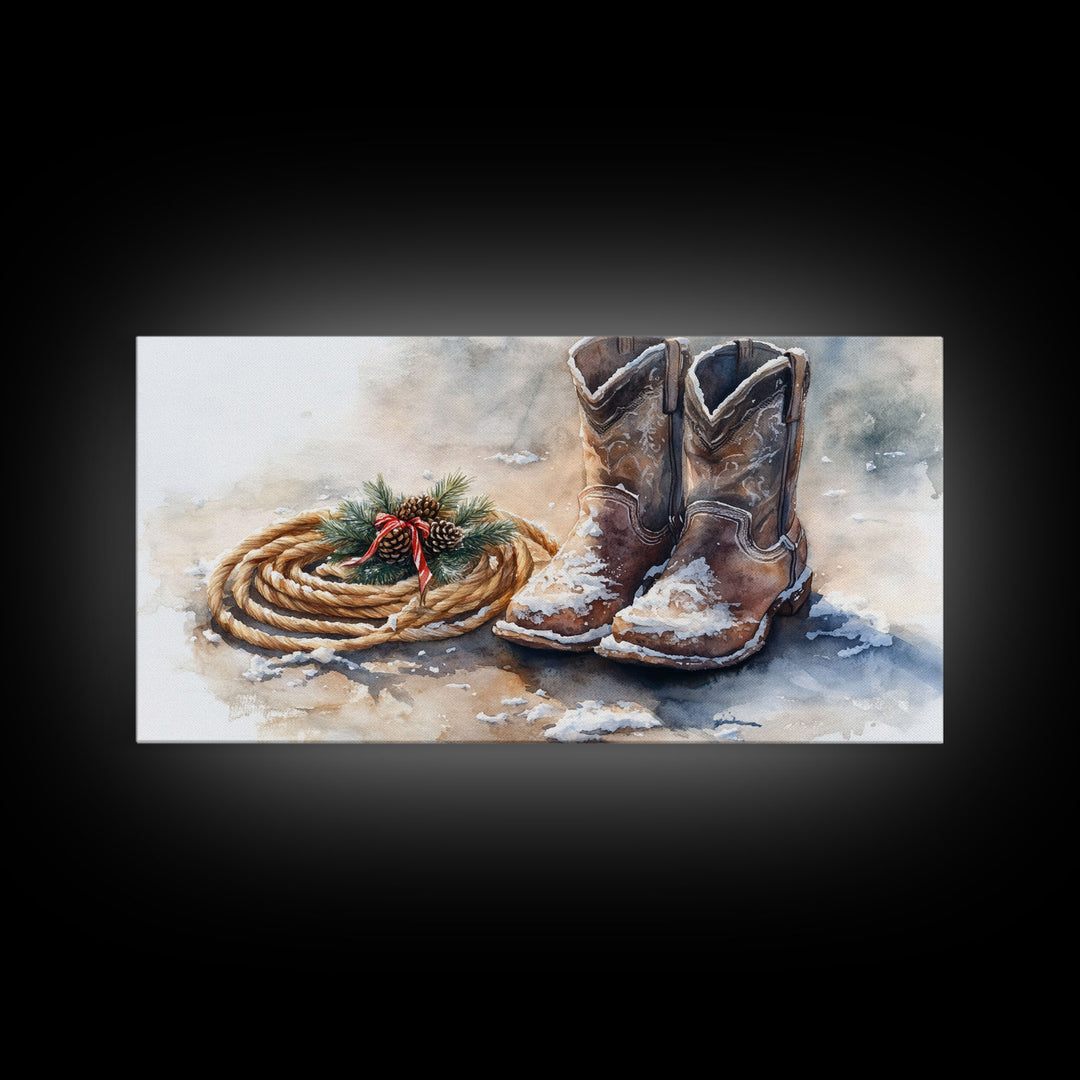 Framed Canvas Print Cowboy Boots and Rope with Pinecones, Rustic Winter Decor, Western Christmas Art, Perfect Holiday Wall Print