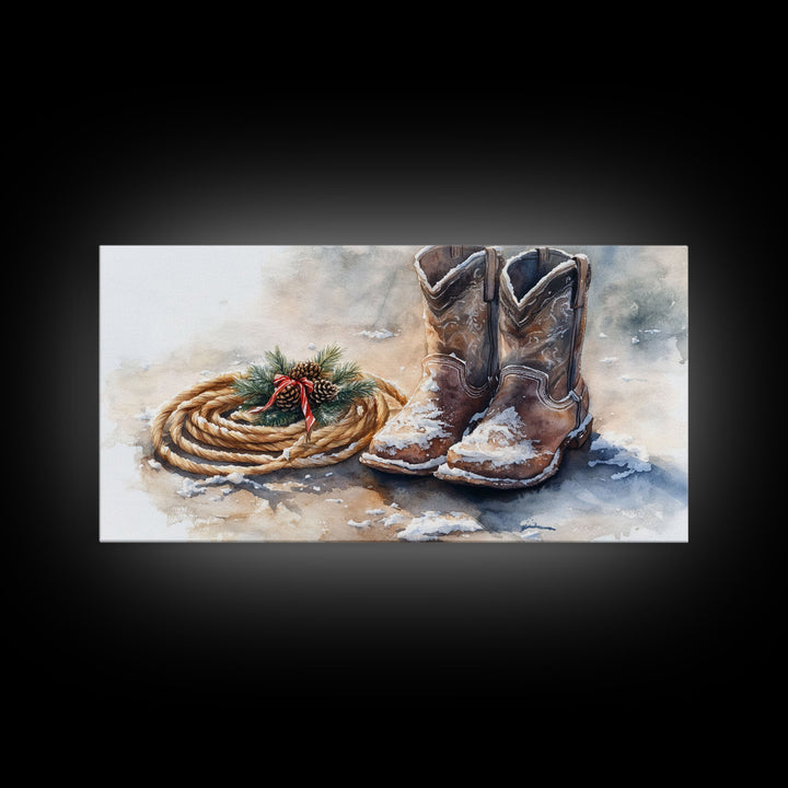 Framed Canvas Print Cowboy Boots and Rope with Pinecones, Rustic Winter Decor, Western Christmas Art, Perfect Holiday Wall Print