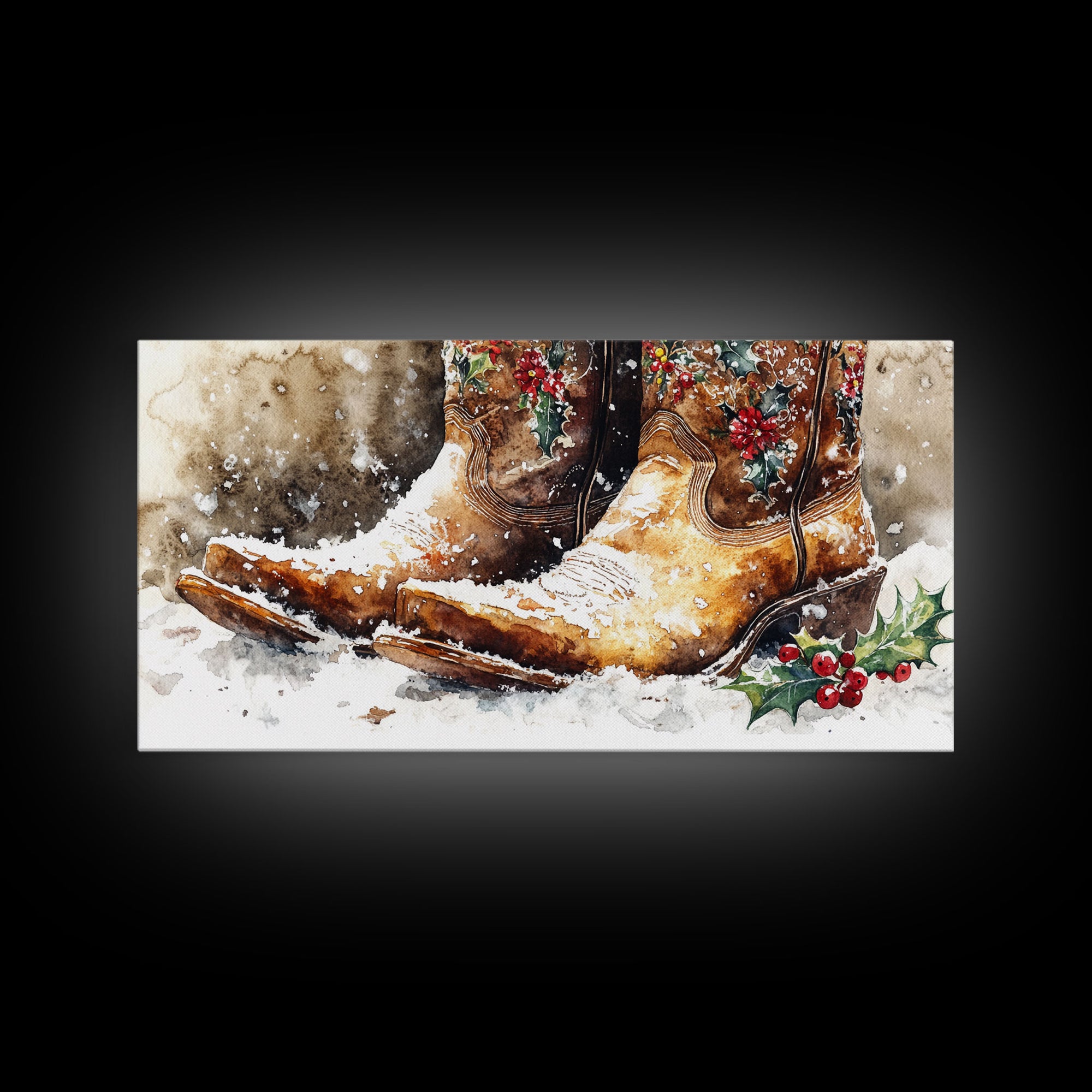 Rustic Cowboy Boots with Holly Framed Canvas Print Christmas Decor Western Holiday Wall Art Vintage Christmas Art Gift Idea 2024