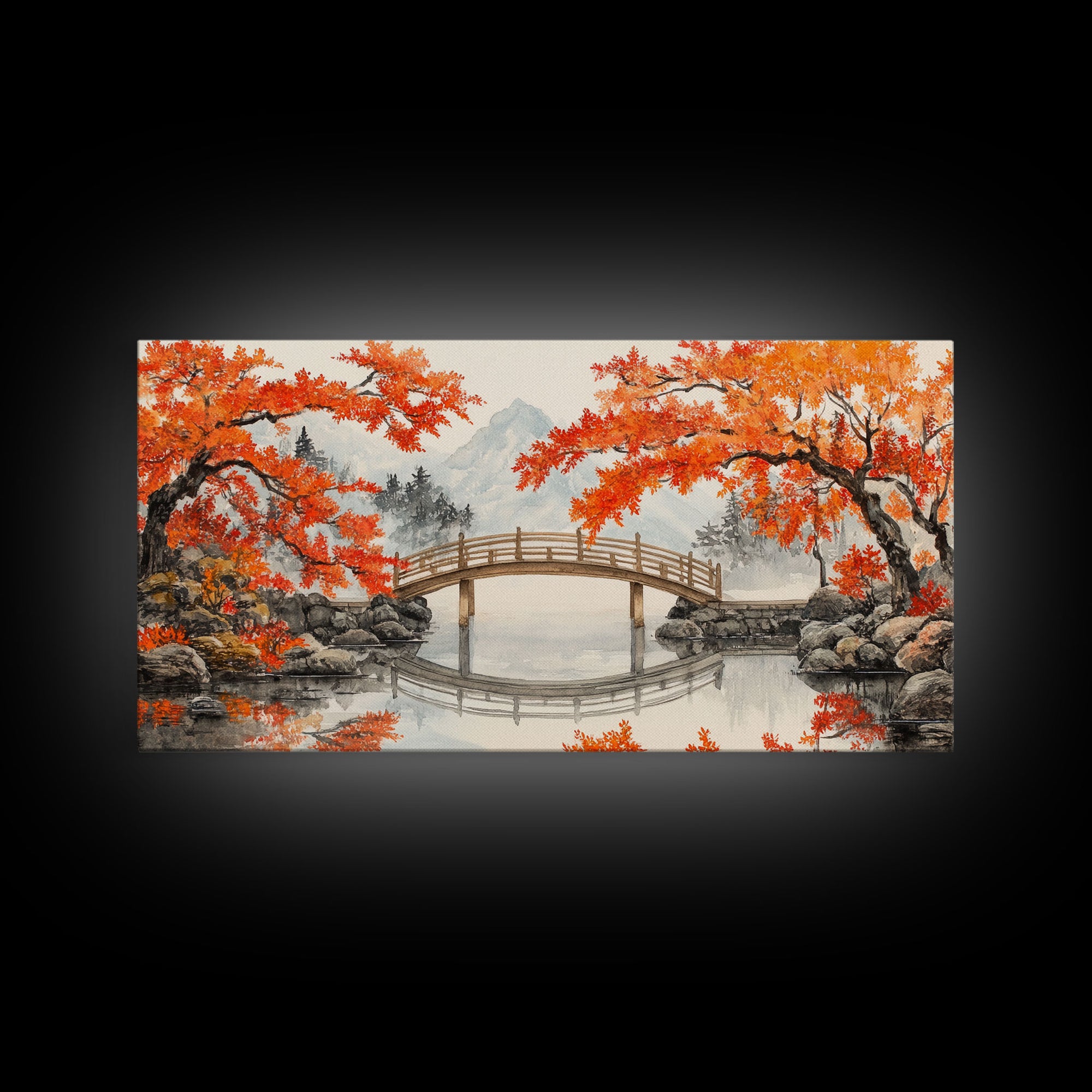 Japanese Bridge in Autumn Framed Canvas Print Fall Landscape Art Nature Wall Decor Seasonal Holiday Art Rustic Country Gift Idea 2024