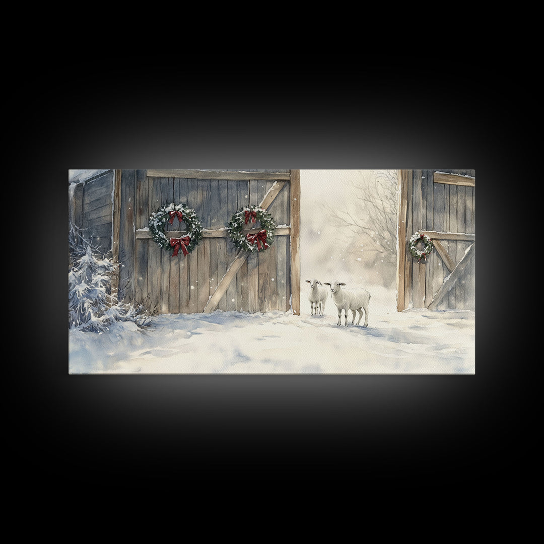Christmas decor farmhouse Framed Canvas Print snowy barn Christmas scene holiday wall art best gift Christmas decor Christmas tree art 2024