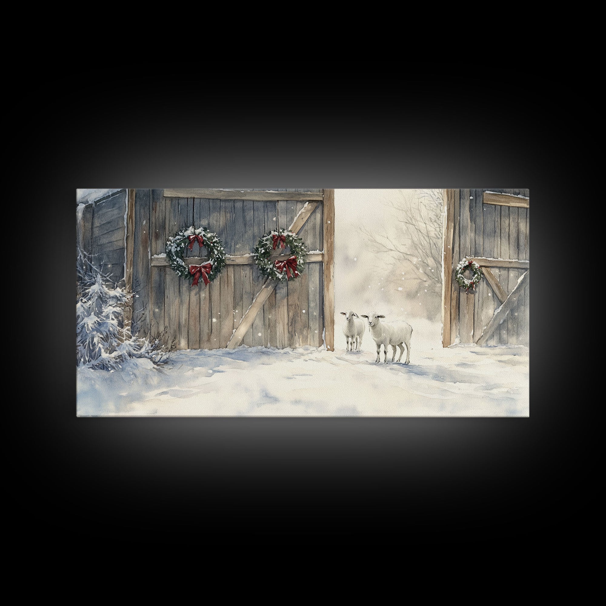 Christmas decor farmhouse Framed Canvas Print snowy barn Christmas scene holiday wall art best gift Christmas decor Christmas tree art 2024