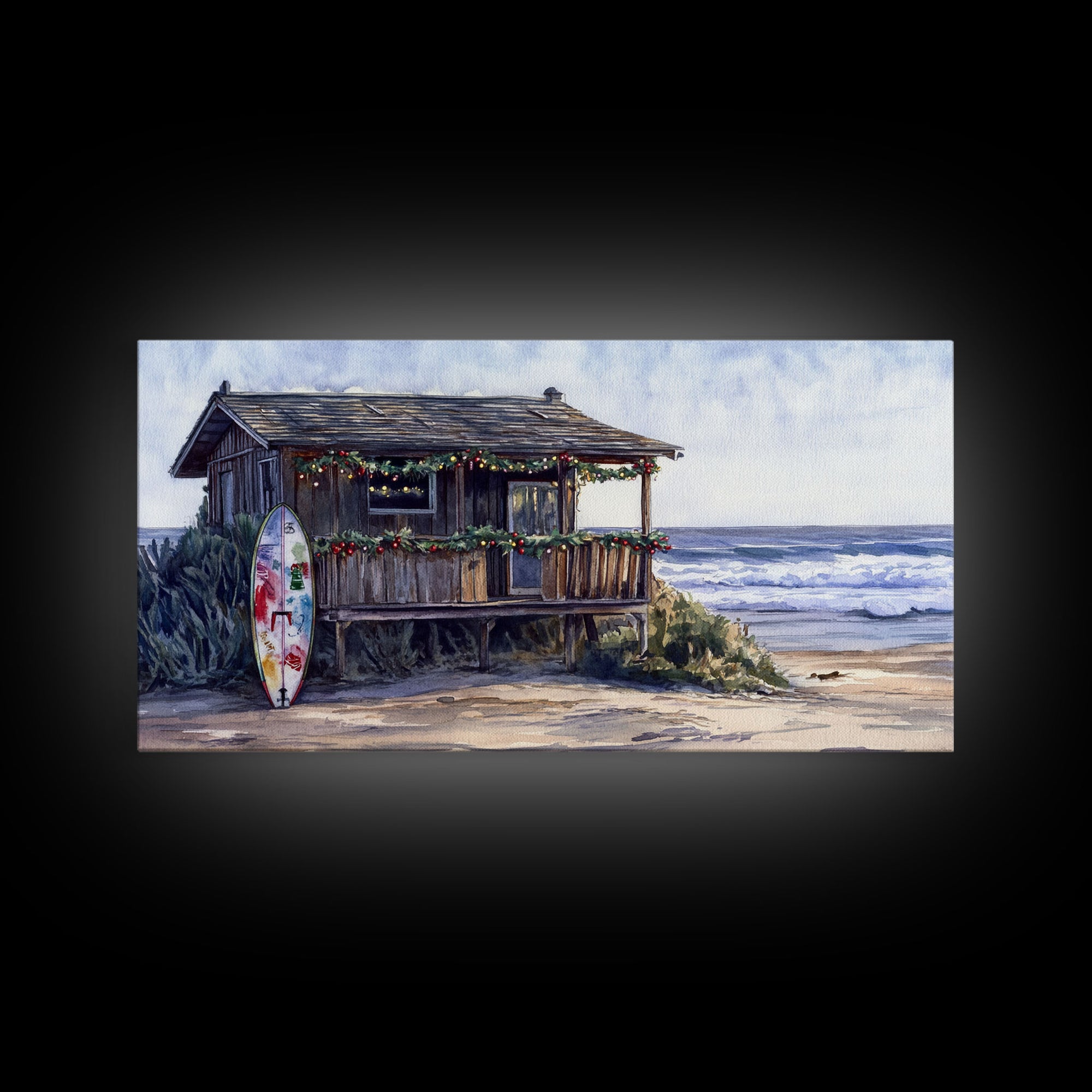 Christmas beach art Framed Canvas Print tropical Christmas decor holiday wall art Christmas vacation gift idea vintage Christmas wall art