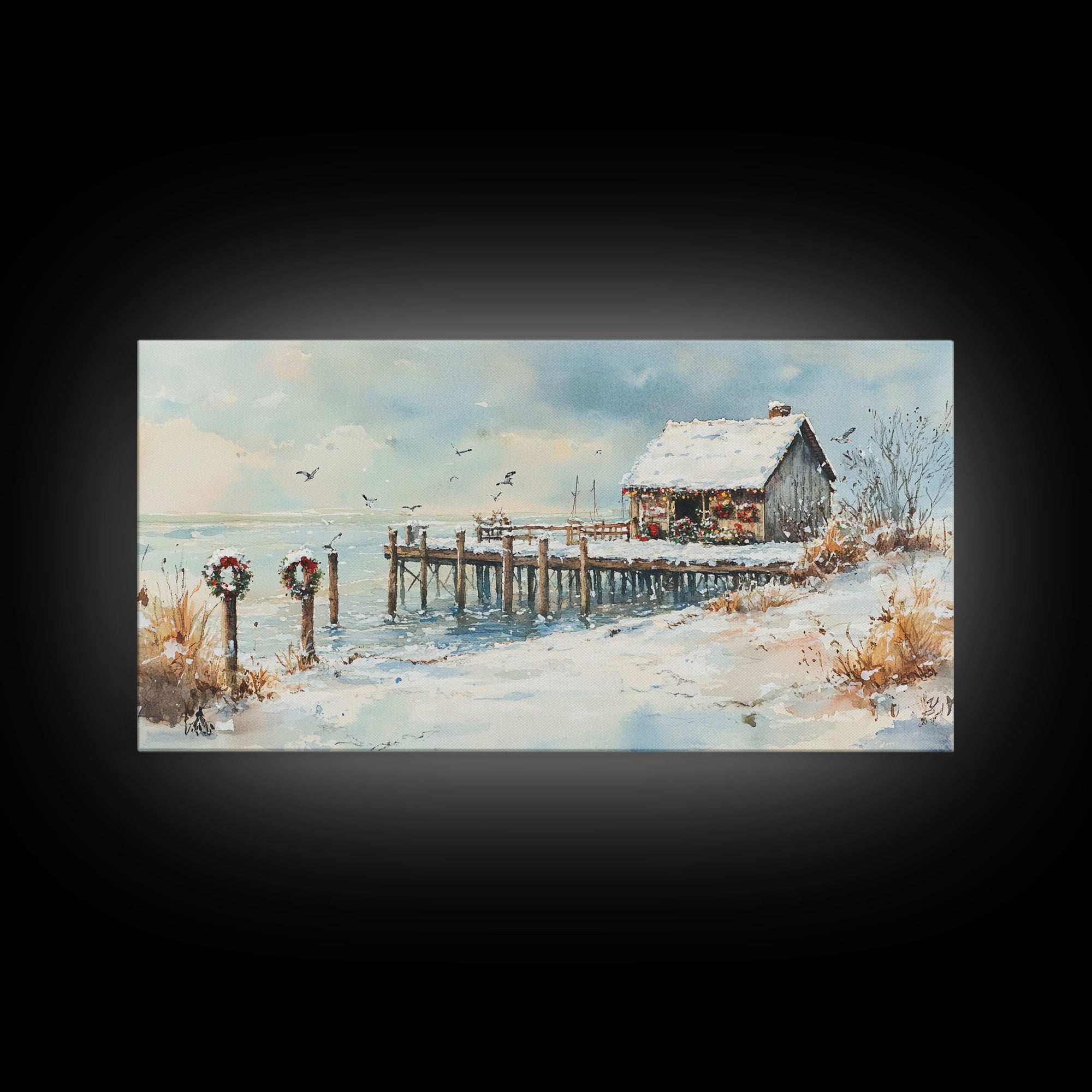 Farmhouse Christmas decor Framed Canvas Print rustic cabin snowy dock Christmas scene Christmas outdoor decor vintage holiday wall art