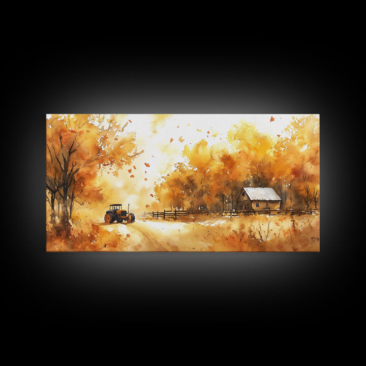 Autumn farmhouse art Canvas Print tractor and cabin rustic decor vintage fall wall art seasonal wall art gift idea fall holiday home decor