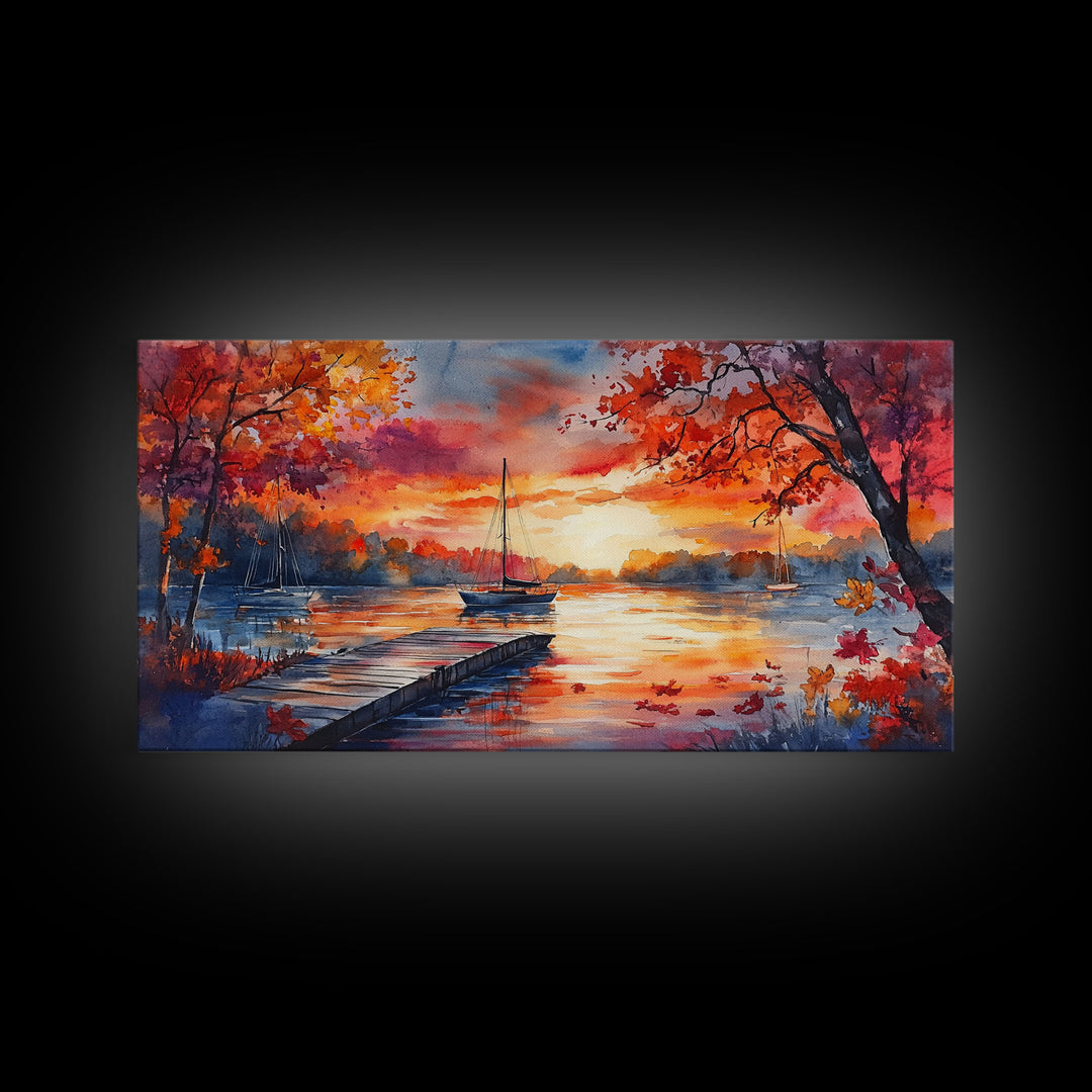 Fall landscape art Canvas Print sunset on lake sailboats moody landscape holiday wall art vintage fall decor gift idea autumn wall art