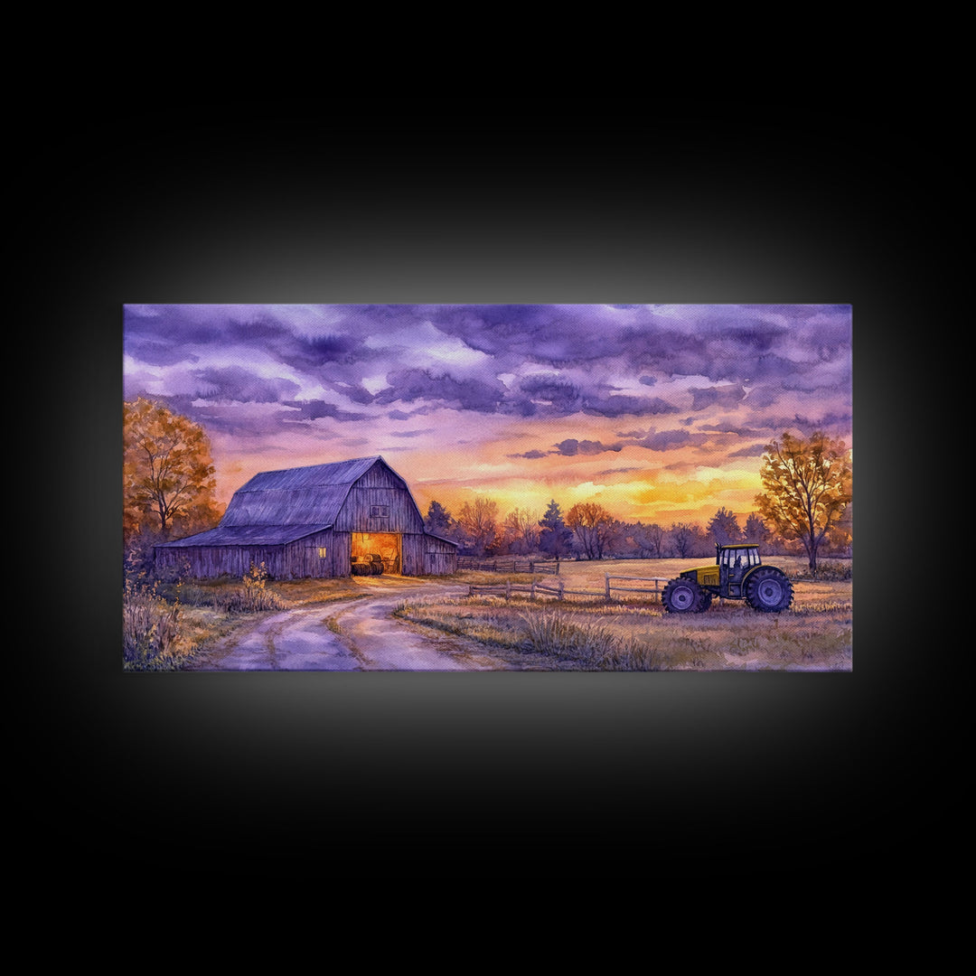 Farmhouse autumn decor Framed Canvas Print evening barn scene with tractor warm fall colors gift idea autumn seasonal wall art rustic decor