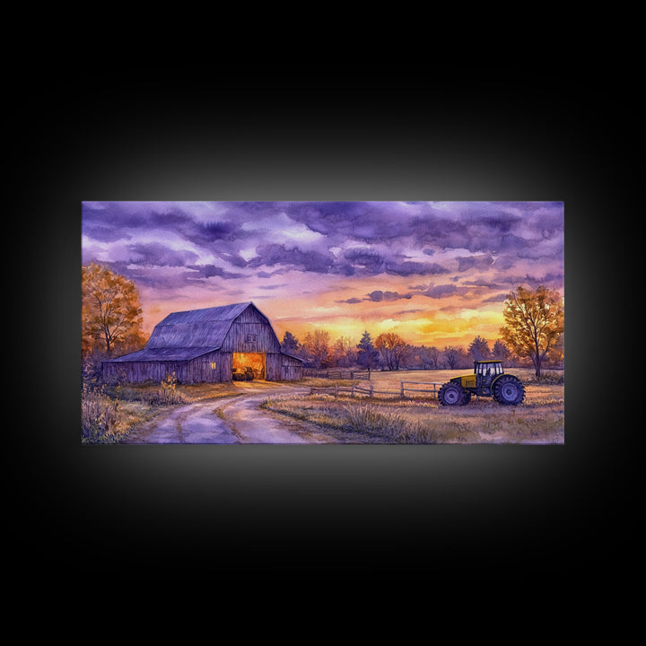 Farmhouse autumn decor Framed Canvas Print evening barn scene with tractor warm fall colors gift idea autumn seasonal wall art rustic decor