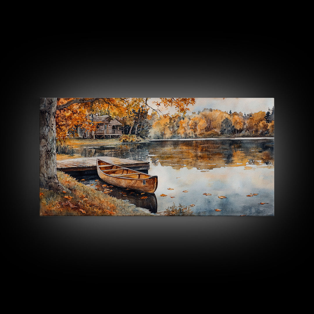 Fall lake house decor Framed Canvas Print serene lakeside cabin canoe rustic autumn wall art seasonal decor gift idea cozy fall home decor
