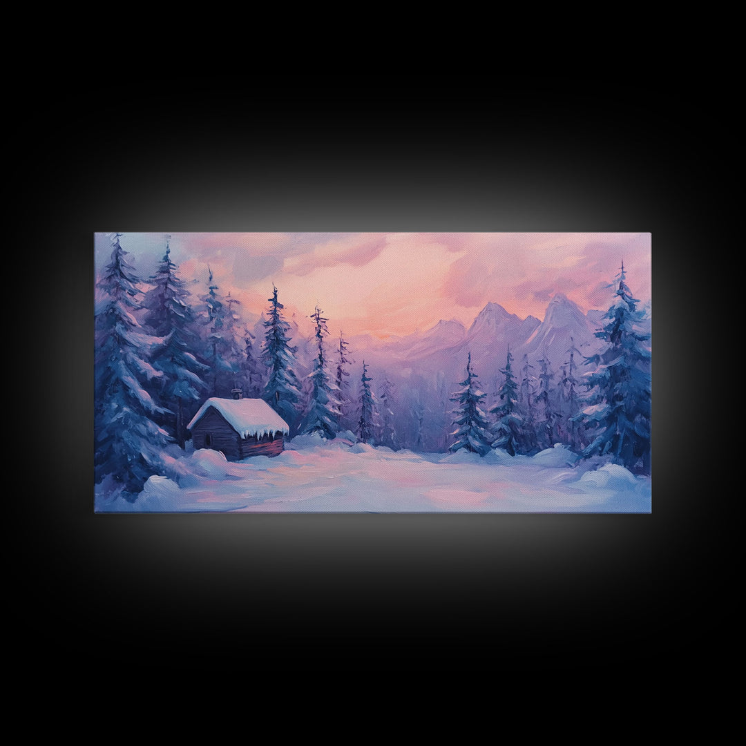 Cozy Cabin Surrounded By Winter Trees Tall Art Framed Canvas Print Serene Snowy Forest Cabin Landscape With Warm Interior Lights