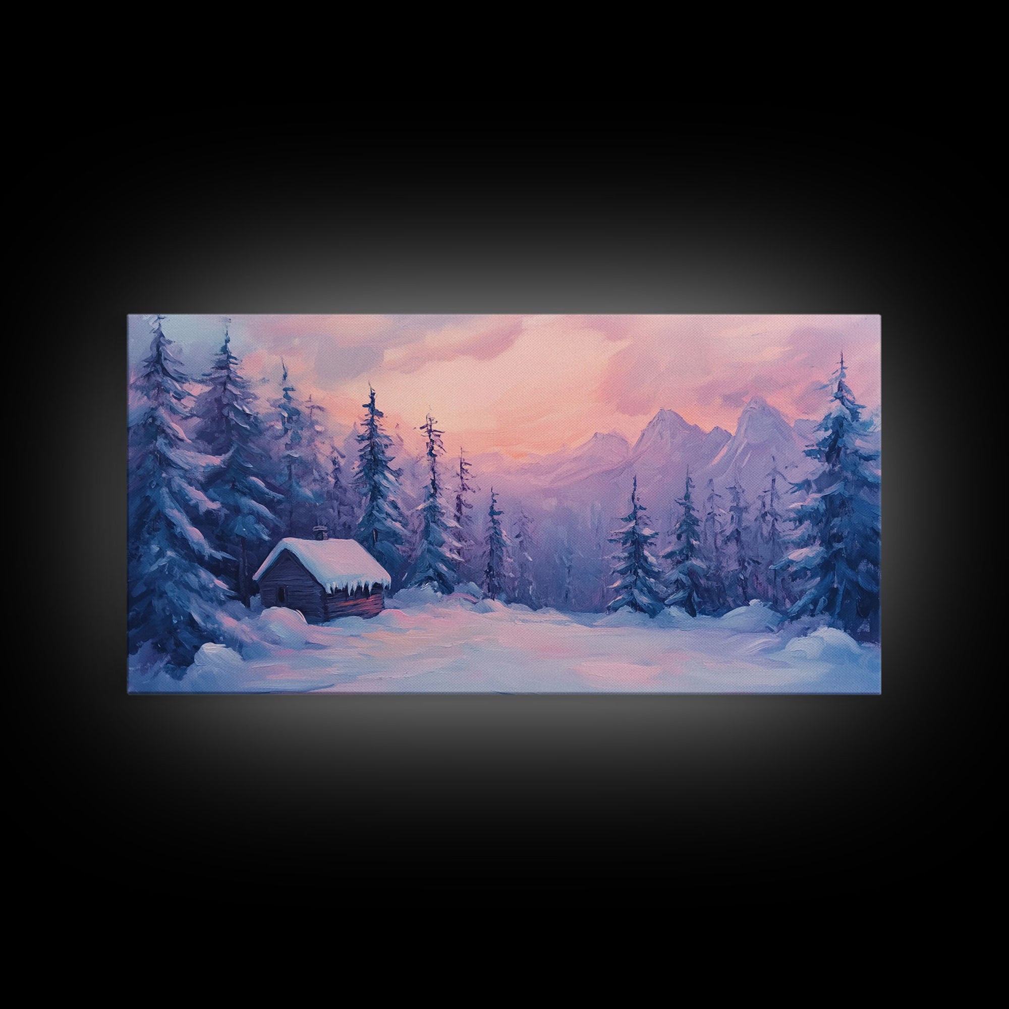 Cozy Cabin Surrounded By Winter Trees Tall Art Framed Canvas Print Serene Snowy Forest Cabin Landscape With Warm Interior Lights