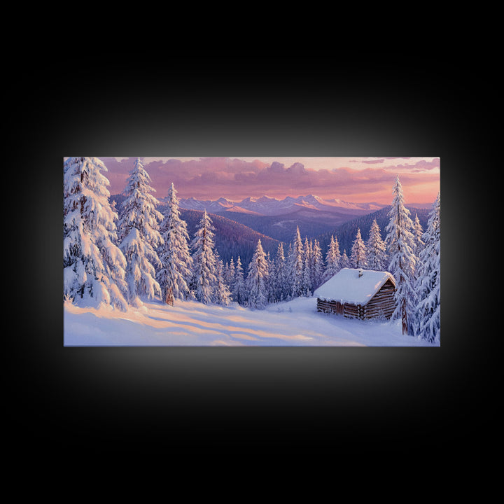 Mountain Cabin At Sunrise Tall Art Framed Canvas Print Winter Snow Covered Trees And Cabin In Mountains With Pastel Sky