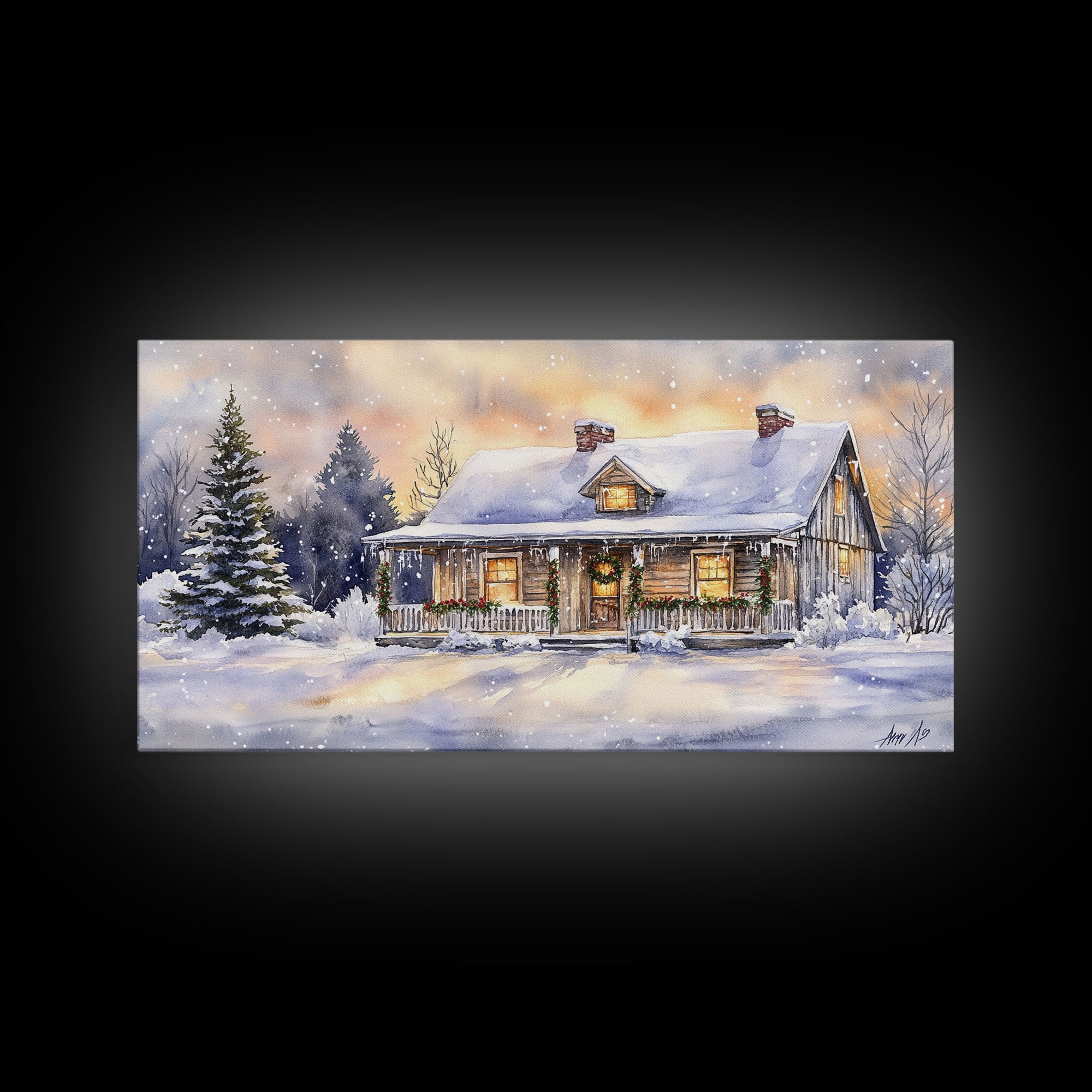 Log cabin in winter, snowy holiday art, farmhouse Christmas decor, rustic Christmas, vintage wall art, framed canvas print