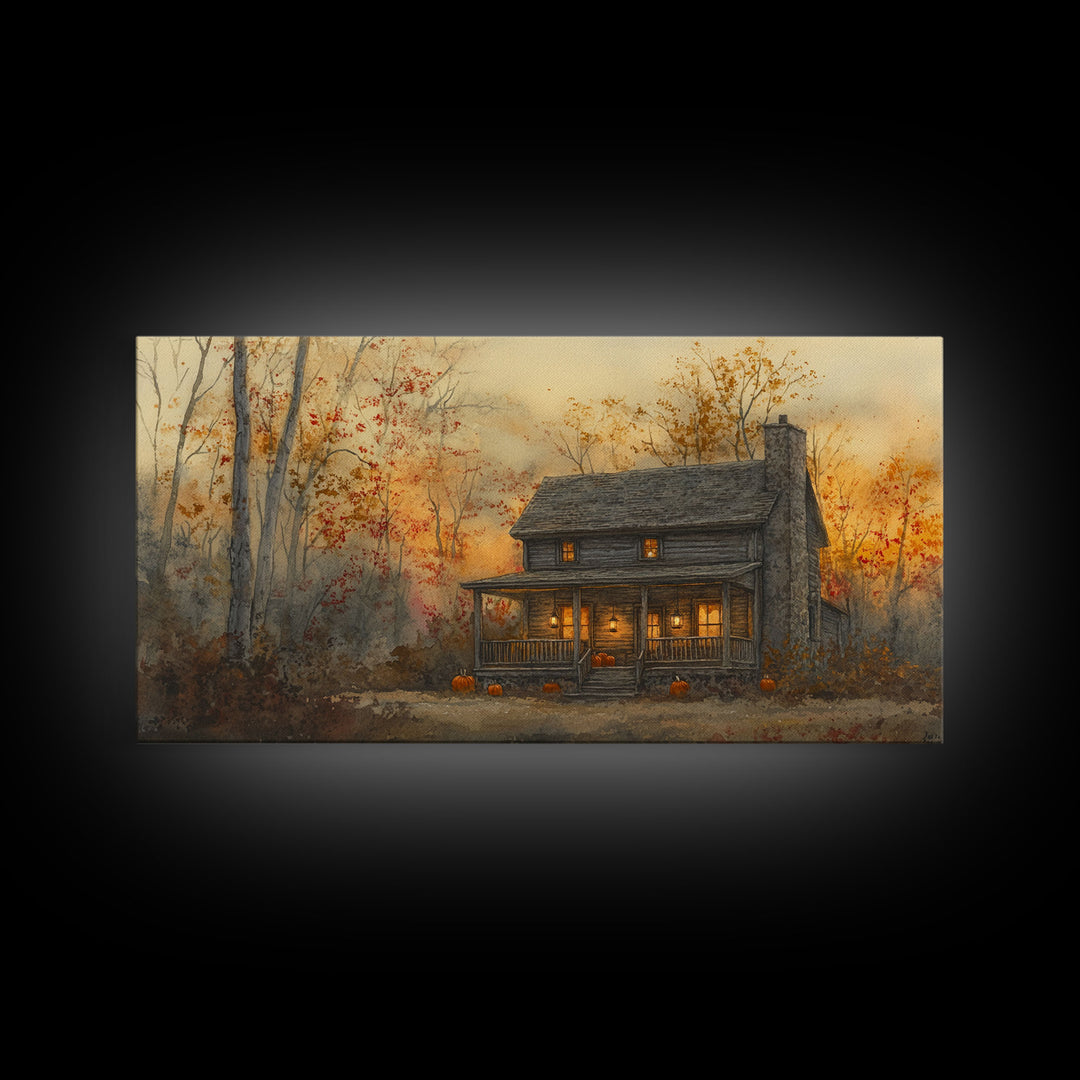 Spooky farmhouse art, Halloween wall art, autumn pumpkin decor, rustic wall print, moody landscape, vintage fall art, framed canvas print