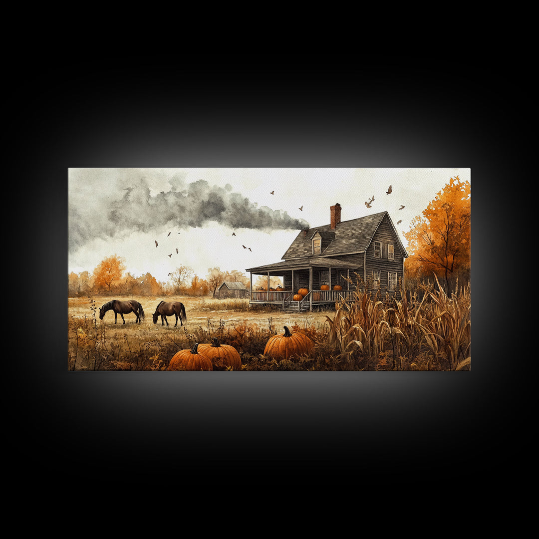 Horses grazing in autumn landscape, fall farmhouse decor, rustic wall art, decor, vintage fall wall print, framed canvas print