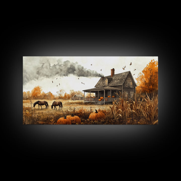 Horses grazing in autumn landscape, fall farmhouse decor, rustic wall art, decor, vintage fall wall print, framed canvas print