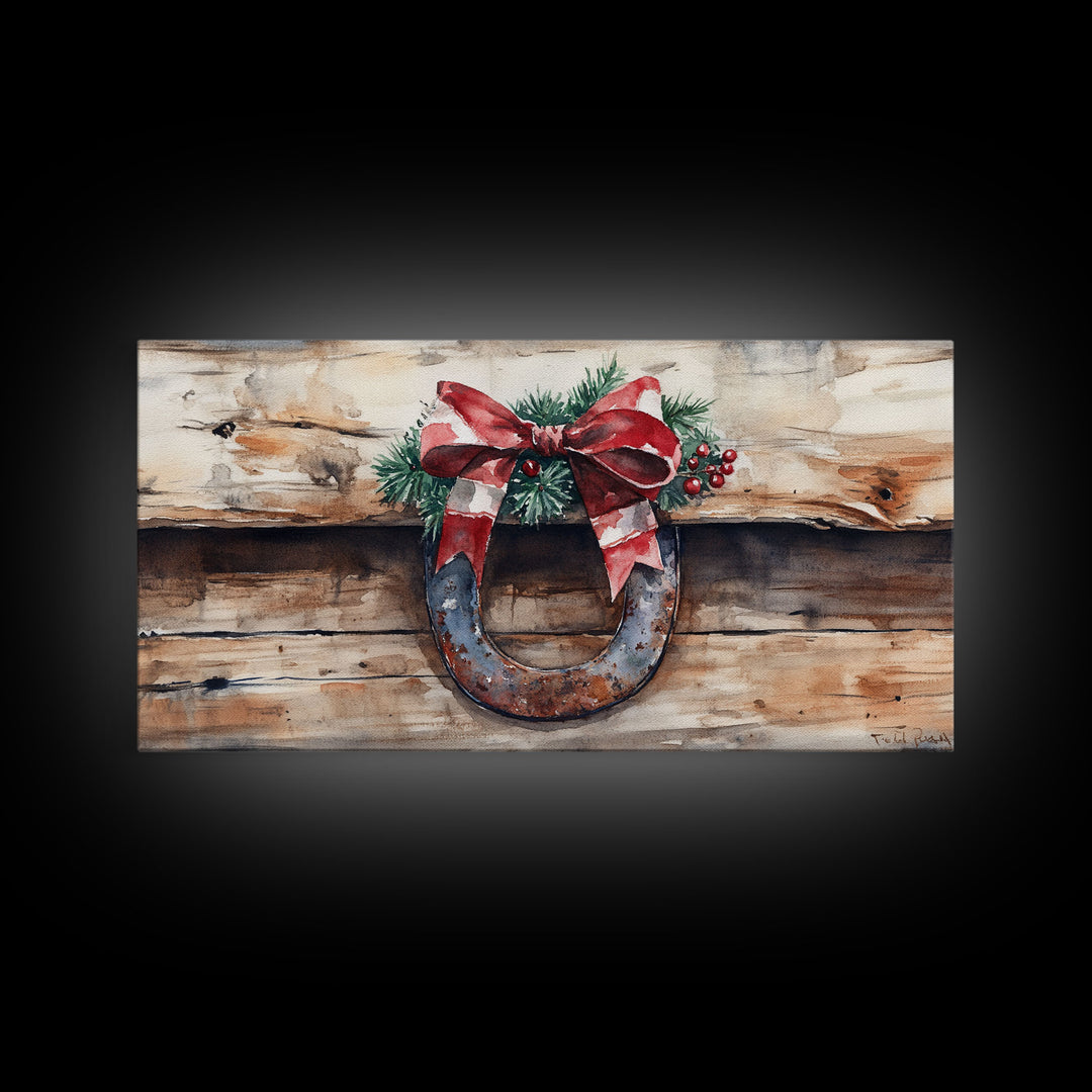 Festive horseshoe Christmas art, rustic holiday decor, farmhouse holiday gift idea, cozy winter home decor, framed canvas print