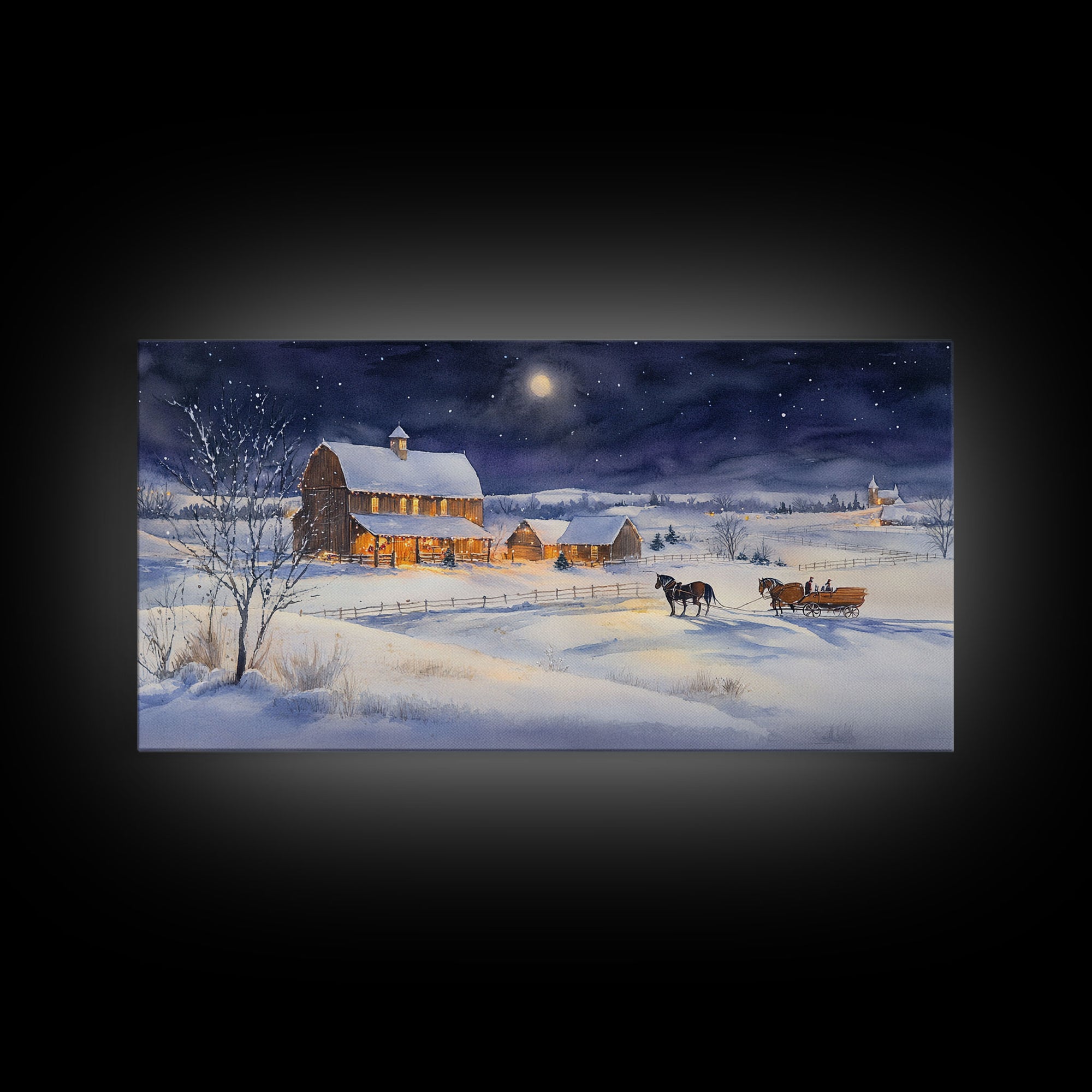 Horse and Barn in Snowy Christmas Scene, Framed Canvas Print, Winter Christmas Decor, Farmhouse Christmas, Rustic Holiday Art, Wall Art