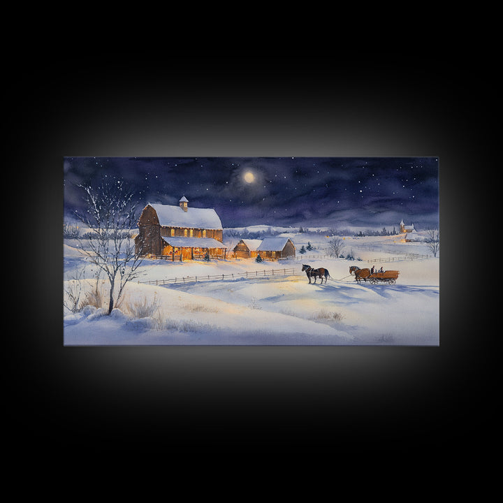 Horse and Barn in Snowy Christmas Scene, Framed Canvas Print, Winter Christmas Decor, Farmhouse Christmas, Rustic Holiday Art, Wall Art