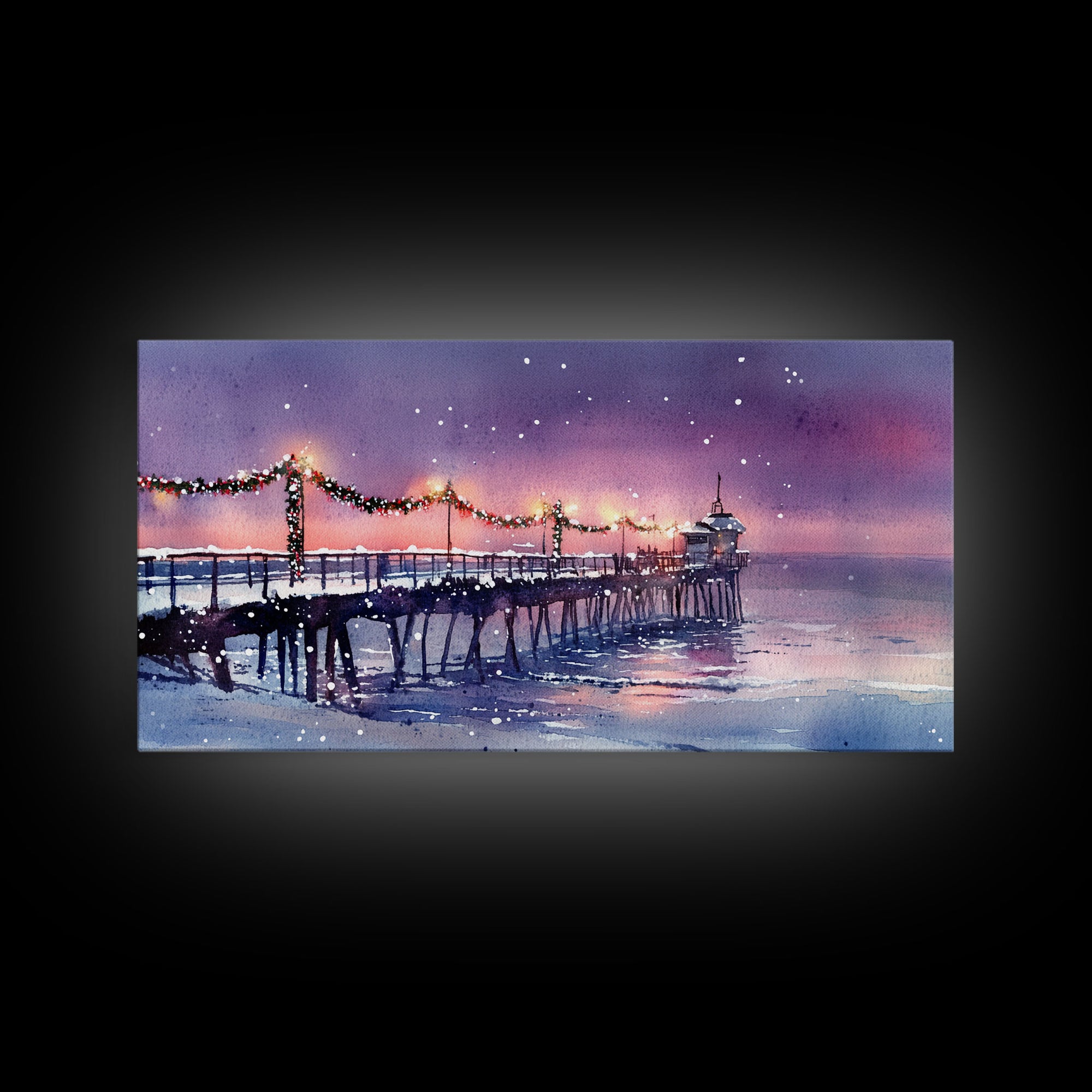 Snow-Covered Pier at Dusk with Christmas Lights, Framed Canvas Print, Coastal Holiday Decor, Winter Wonderland, Nautical Christmas Wall Art