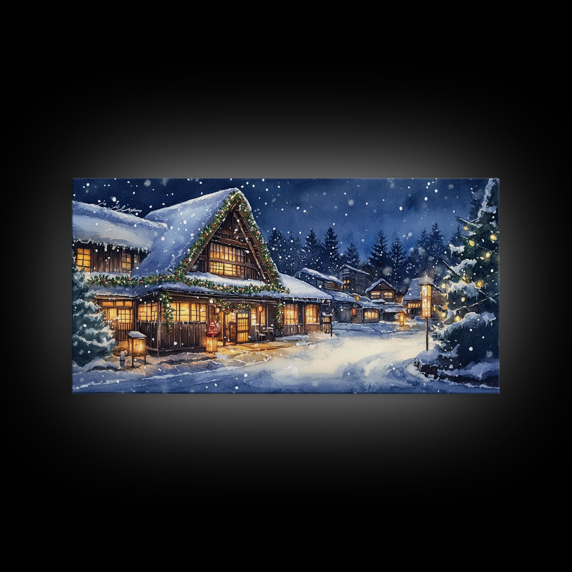 Cozy Snowy Christmas Cabin Scene Canvas Print | Winter Wonderland Christmas Wall Art | Rustic Christmas Decor | 2024 Holiday Art Gift