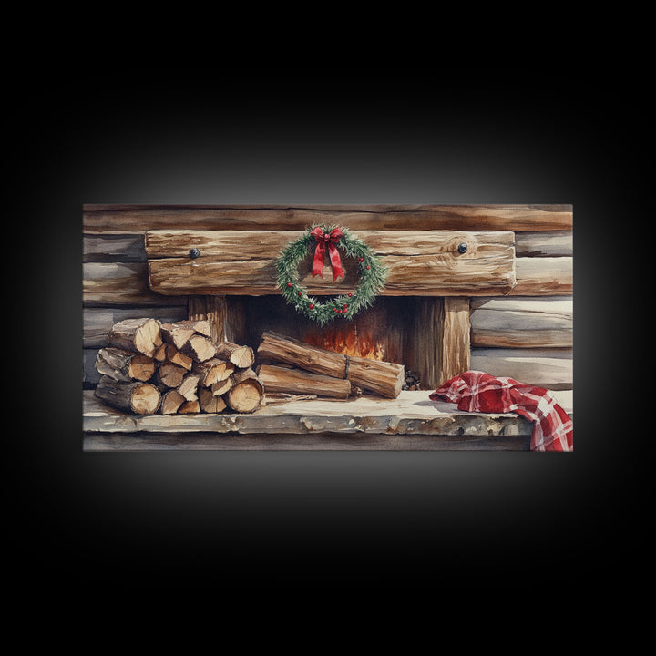 Cozy Cabin Fireplace Christmas Canvas Print | Rustic Christmas Wall Art | Holiday Home Decor | Christmas Mantle Decor | 2024 Christmas Gift