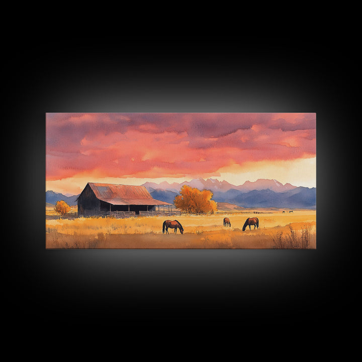 Rustic Mountain Barn Sunset Canvas Print | Autumn Farmhouse Wall Art | Fall Home Decor | Holiday Art Gift | Framed Canvas Print Wall Decor