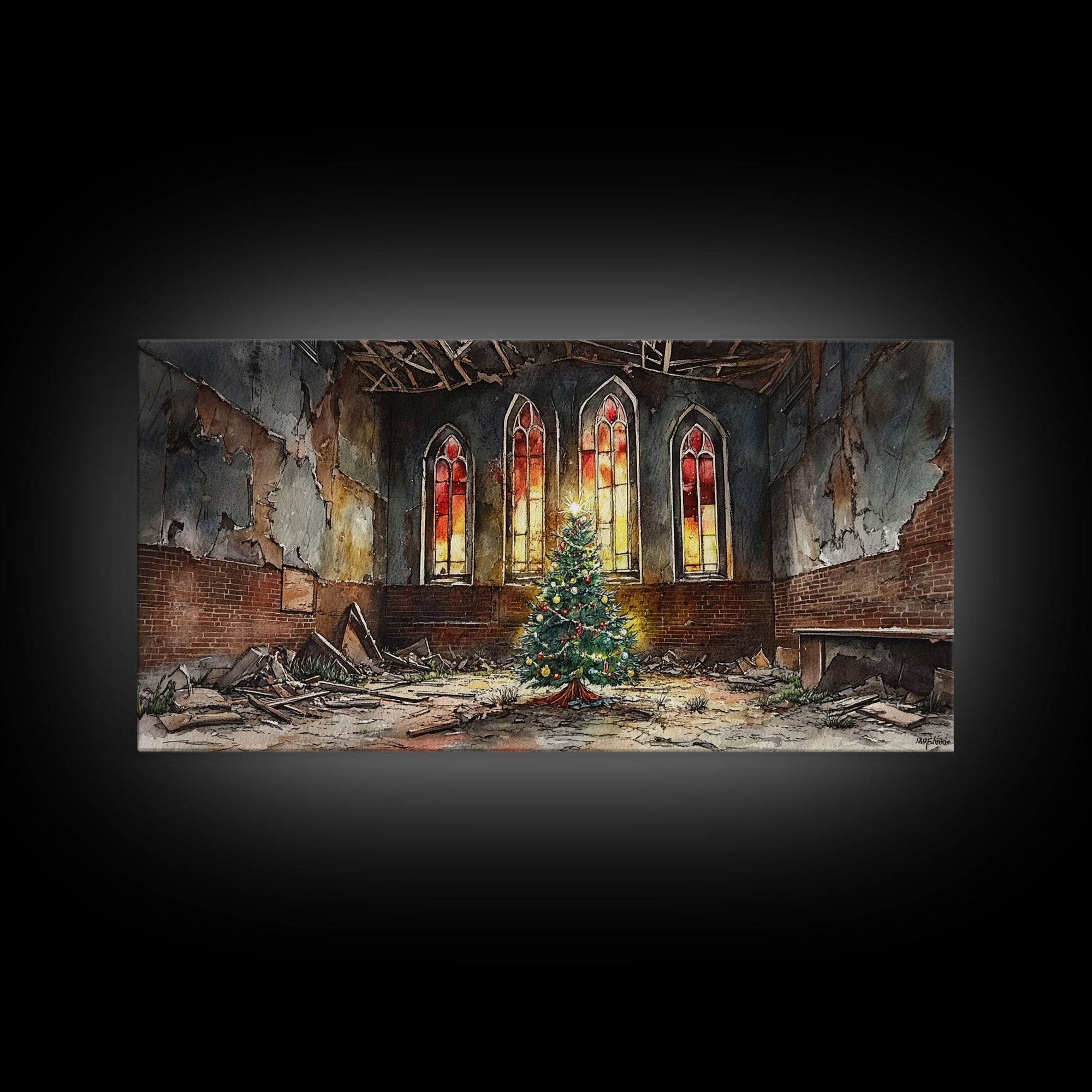 Christmas tree in abandoned church art, framed canvas print, rustic Christmas decor, winter decor, vintage Christmas scene art for home