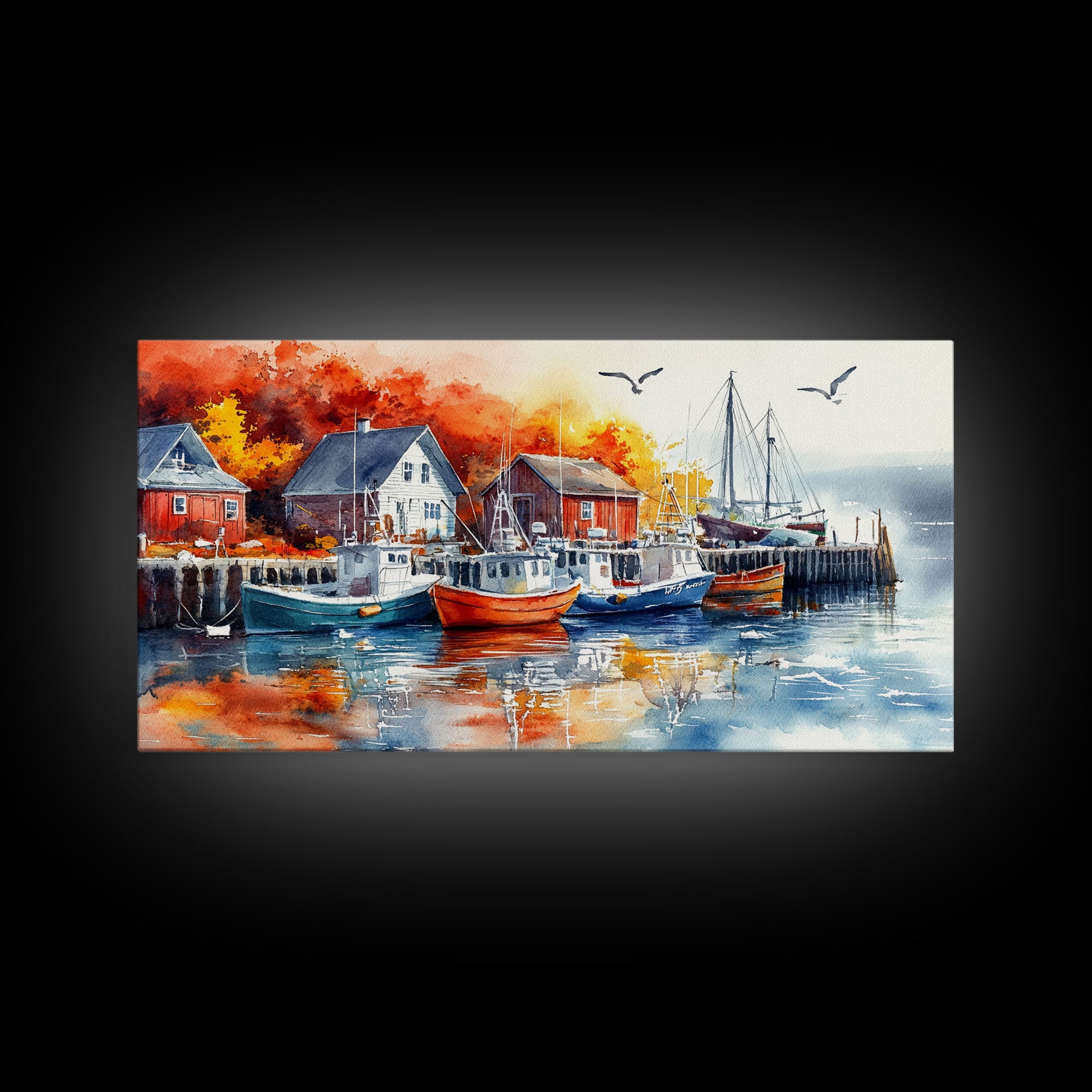 Colorful boats harbor framed canvas print, rustic autumn coastal decor, fall home decor, vintage nautical art gift idea, seasonal wall art