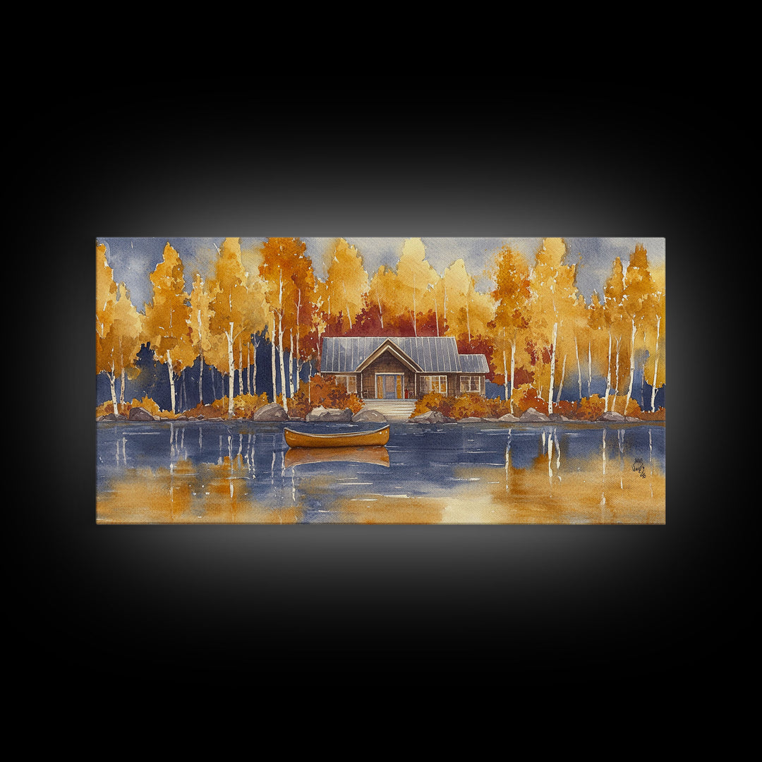 Lakeside cabin in autumn, framed canvas print, cozy fall decor, rustic cabin home decor, fall landscape wall art, perfect autumn gift idea
