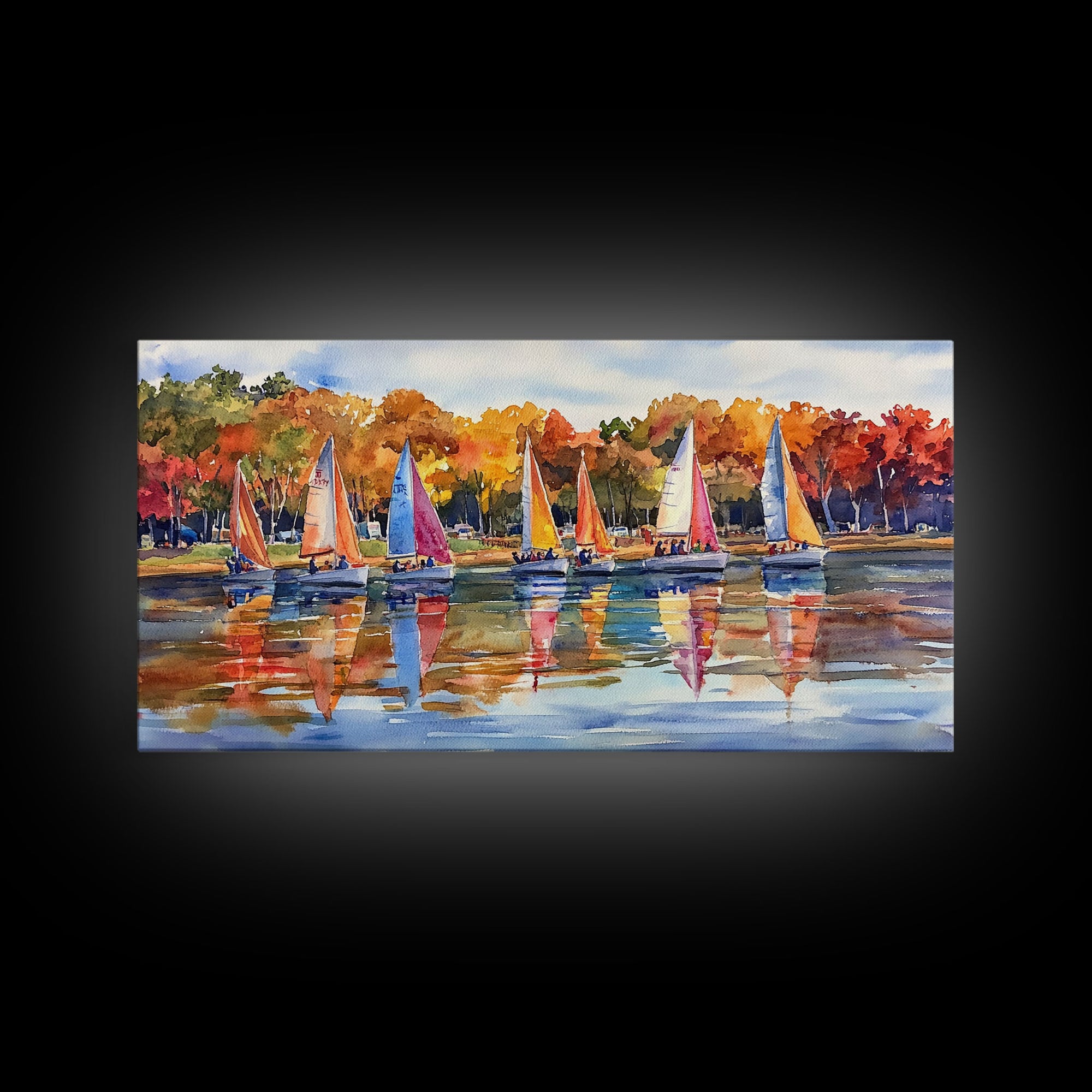 Sailboats on autumn lake, framed canvas print, colorful fall decor, nautical wall art for fall home, rustic autumn wall art, gift idea